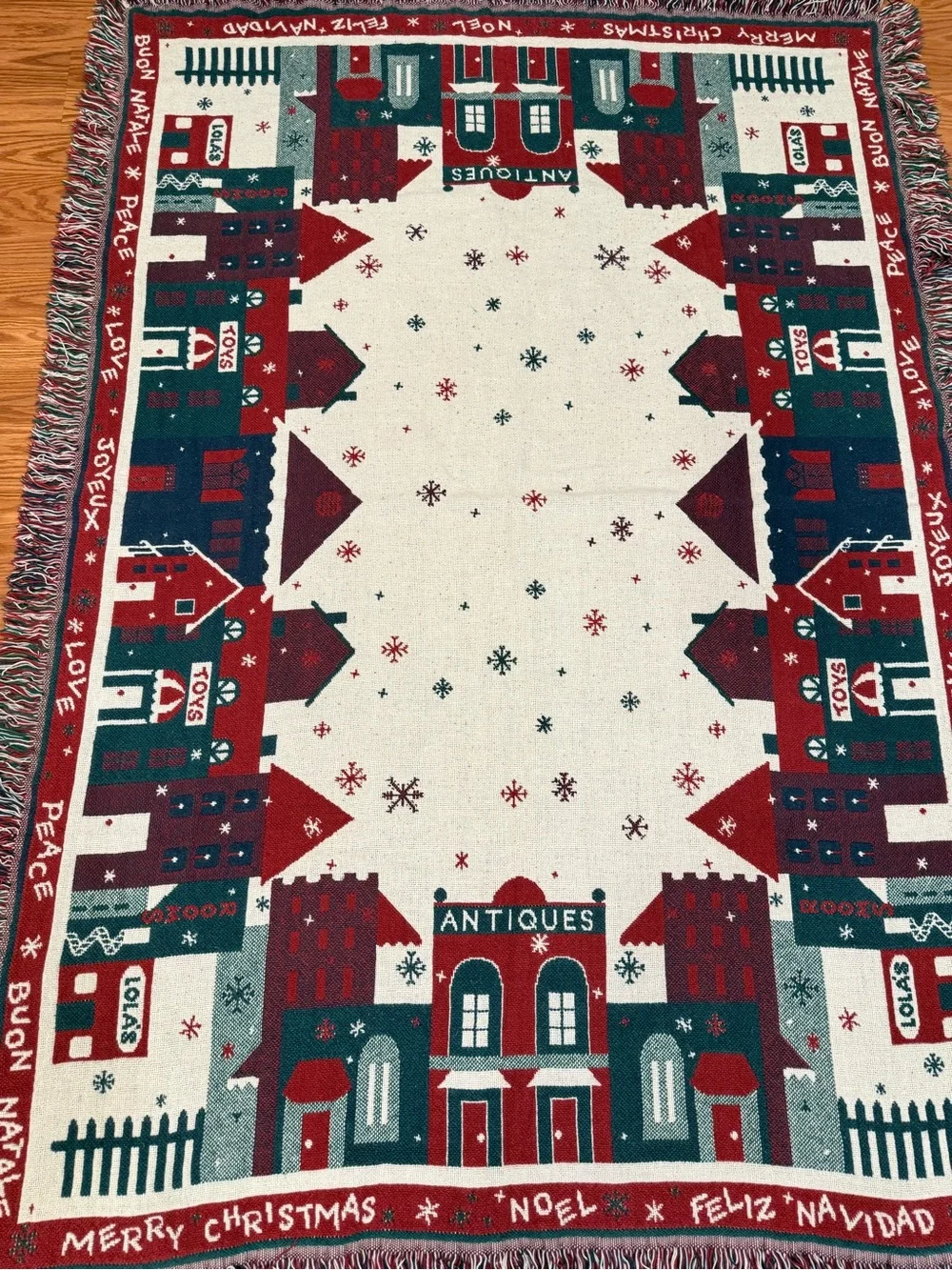 Holiday Village Fringe Throw Blanket - Red, Green & Cream 66x46